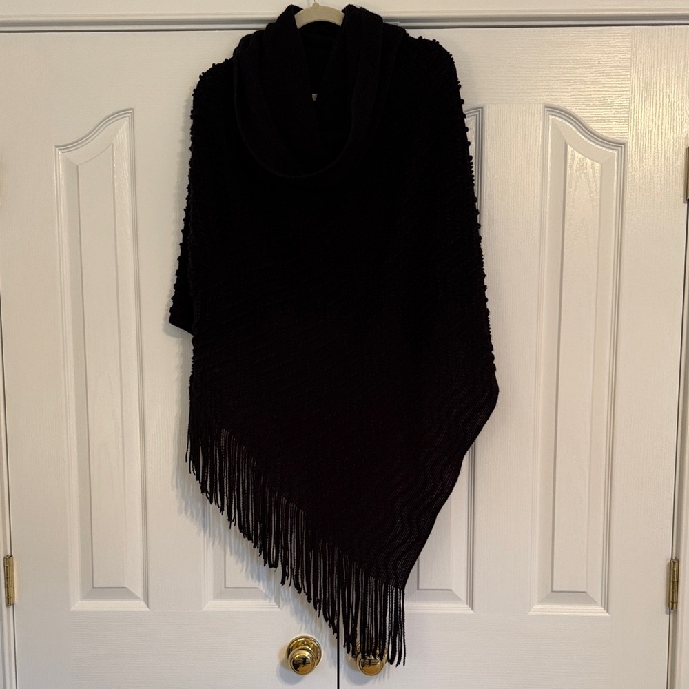 Elegant Black Fringe Poncho with versatile collar or hood